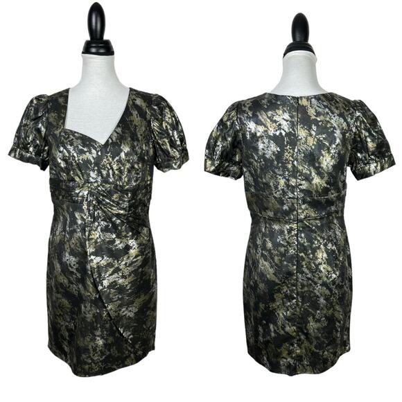 Voom by Joy Han Black Metallic Puff Sleeve Asymmetrical Neck Mini Cocktail Dress - Picture 1 of 8